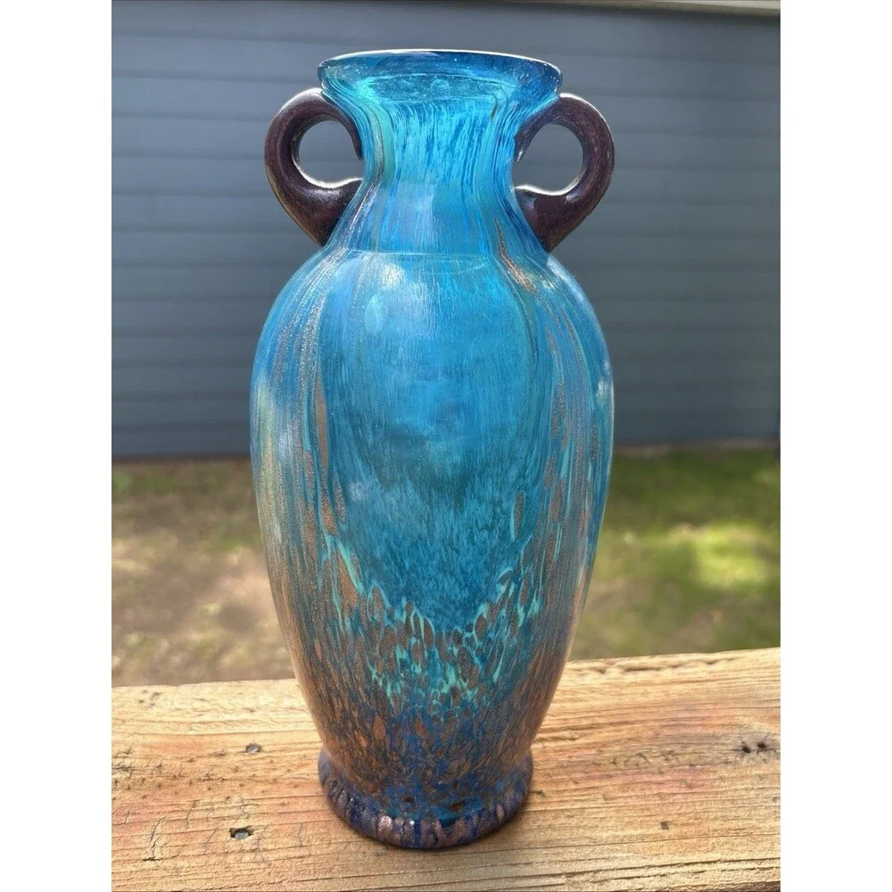 Dale Tiffany Turquoise Glass Vase w Infused Copper Design
